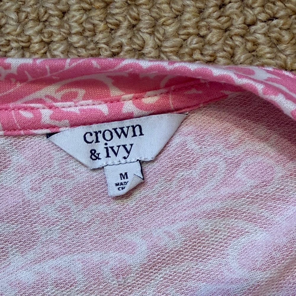 Crown & Ivy Pink Paisley Puff Sleeve Shift Dress Stretch Knit Size M - Picture 2 of 6